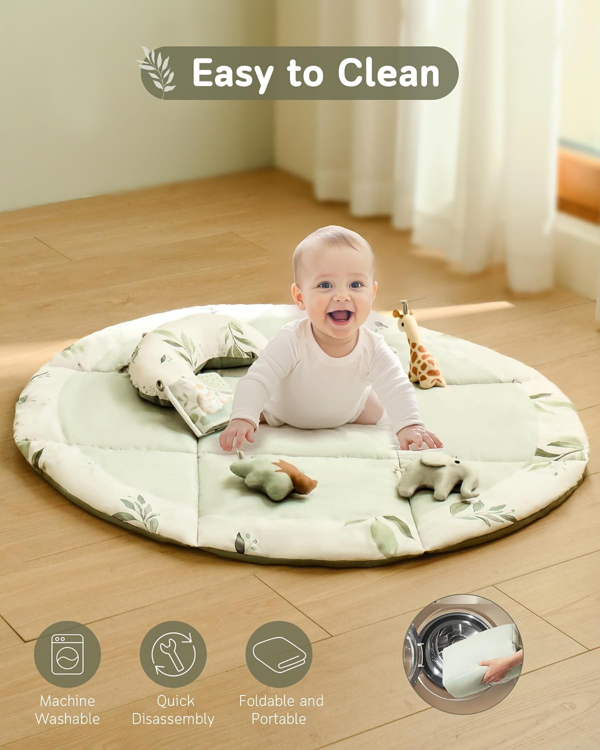 Fortella Baby Play Gym & Activity Mat, Tummy Time Mat w 5 Detachable Toys and Pillow, Large Sensory