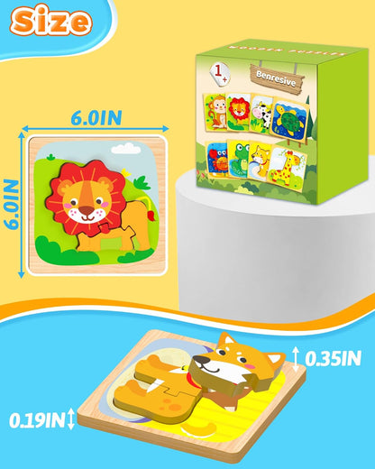 Benresive Wooden Toddler Puzzles, 8pcs Animal Montessori Toys for 1-3 Year Old Boys & Girls