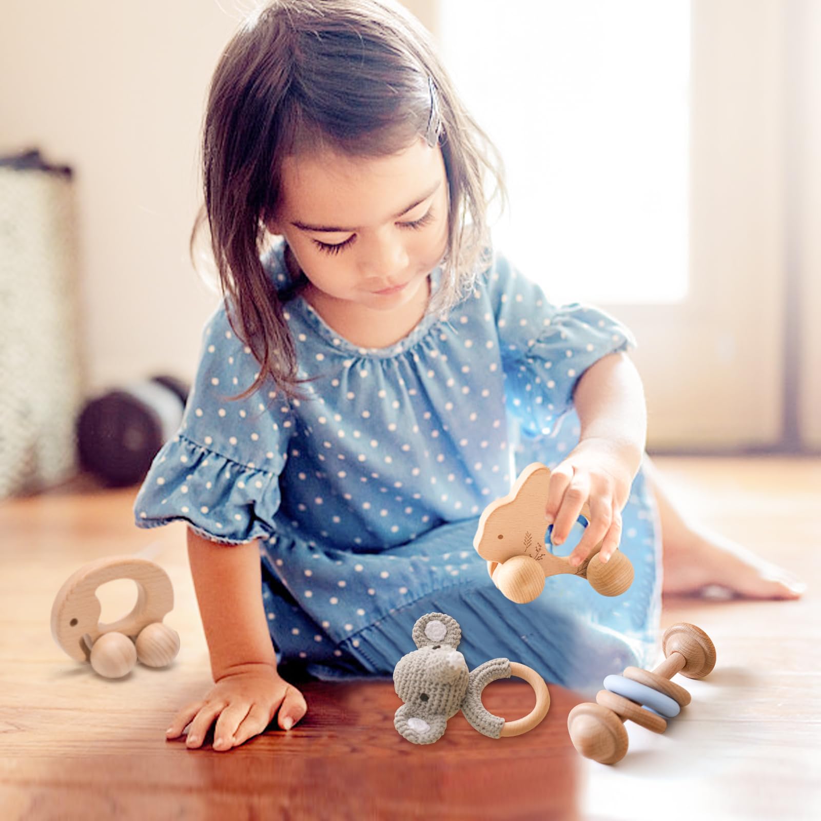 let's make Wooden Baby Rattle 3 PCS Push Car Rattle Set Crochet Rattle Ring Wooden Montessori Toy