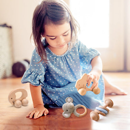 let's make Wooden Baby Rattle 3 PCS Push Car Rattle Set Crochet Rattle Ring Wooden Montessori Toy