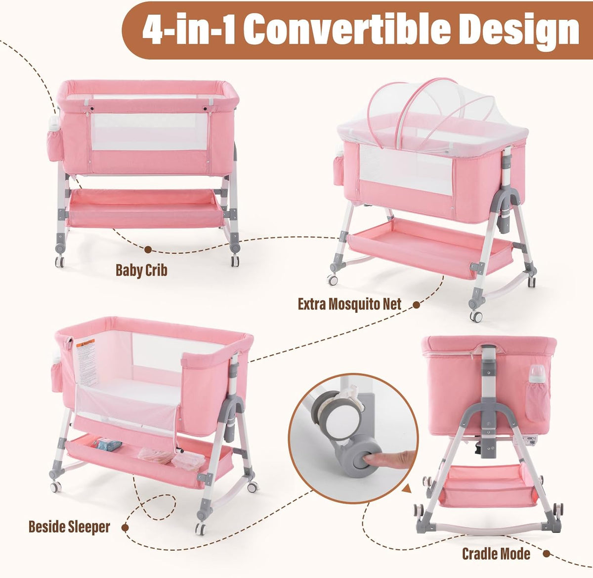 Jaoul 4 in 1 Baby Bassinet Bedside Sleeper Baby Crib, Adjustable Cosleeper for Baby, Easy Folding