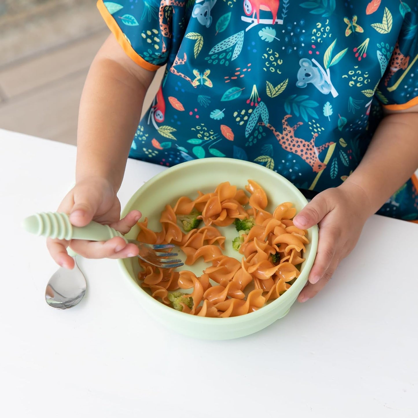 Bumkins Toddler Utensils, Kids Size Fork and Spoon Set, Silicone and Stainless-Steel Training