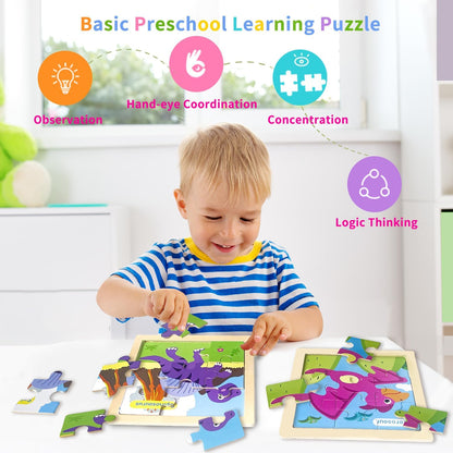 Wooden Puzzles for Toddlers 2-4, 9 Pieces Dinosaur Jigsaw Puzzles for Kids Ages 3-5, Preschool