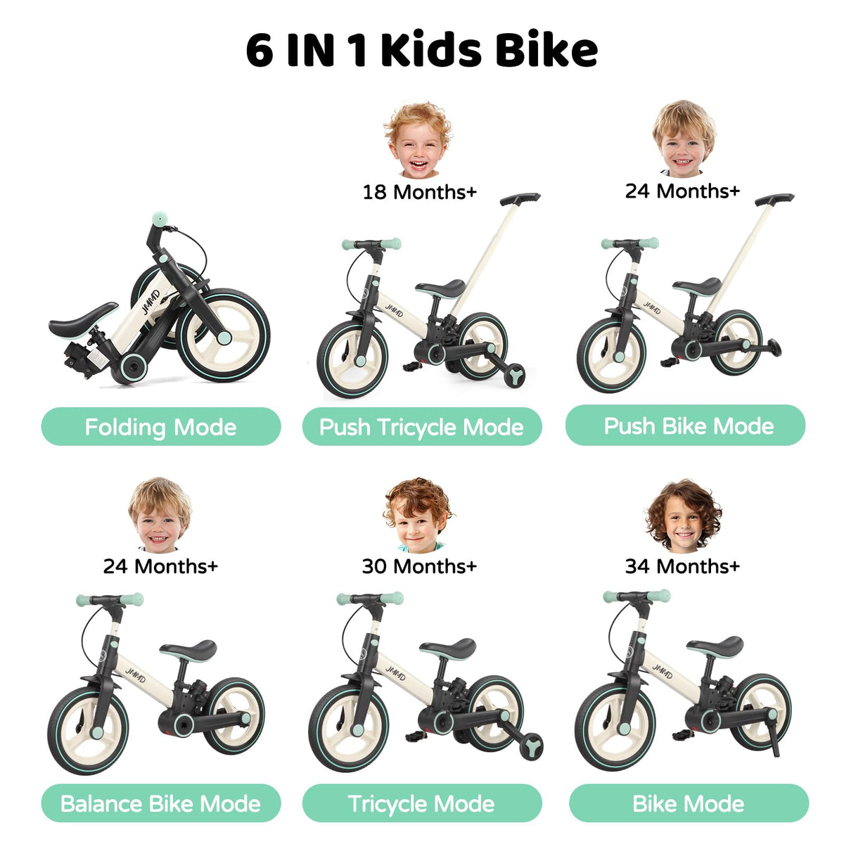 JMMD 6 in 1 Toddler Bike with Push Handle for Kids 18-60 Months, 12" Foldable Balance Bike with