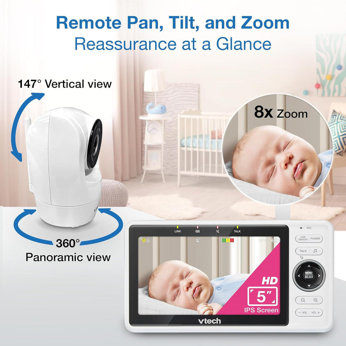 VTech 2-Cameras Smart WiFi Baby Monitor with 1080p FHD Camera and 5" HD IPS Screen, Free App with