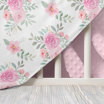 Floral Minky Baby Blanket 30 x 40 Inches for Girls, Soft Plush Receiving Blanket with Dotted Back