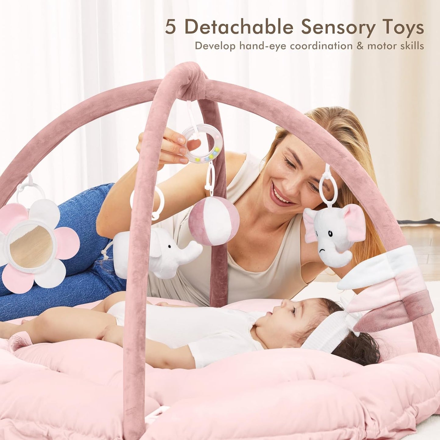 ANGELBLISS 5 in 1 Baby Play Gym Mat, Reversible Tummy Time Mat with 5 Sensory Toys for Stage-Based