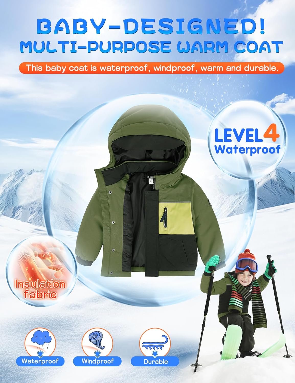 GEMYSE Toddler Boys Winter Coat Waterproof Ski Snow Jacket with Hood Thicken Warm Baby Jacket