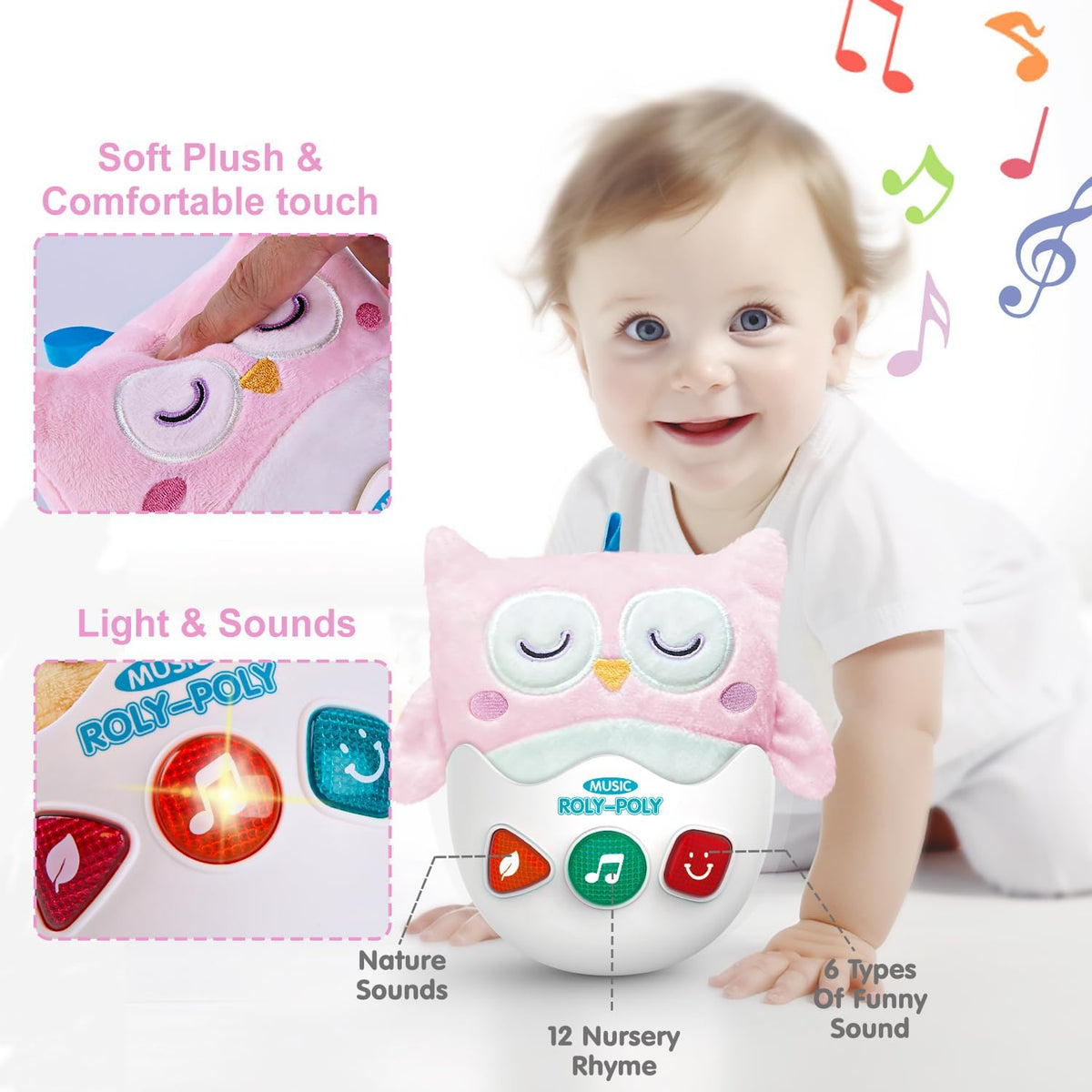 Baby Toys 0-6-12 Months, Plush Owl Stuffed Animal Musical Toys with Light & Sounds, Infant