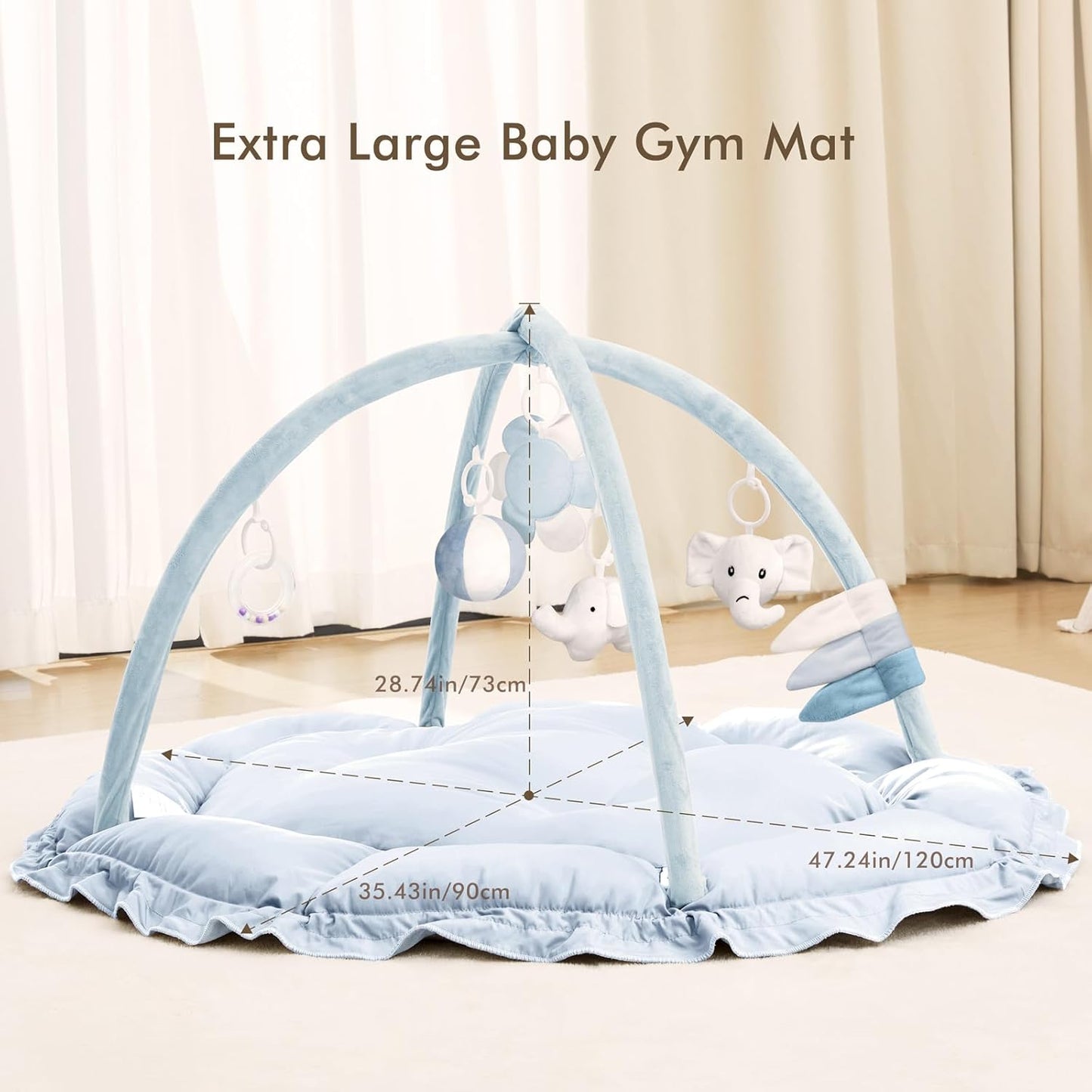ANGELBLISS 5 in 1 Baby Play Gym Mat, Reversible Tummy Time Mat with 5 Sensory Toys for Stage-Based
