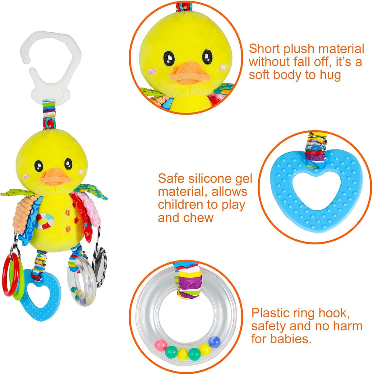 Baby Stroller Car Seat Toys for Infant with Teether Hanging Rattle, Clip on Stroller, Soft Plush