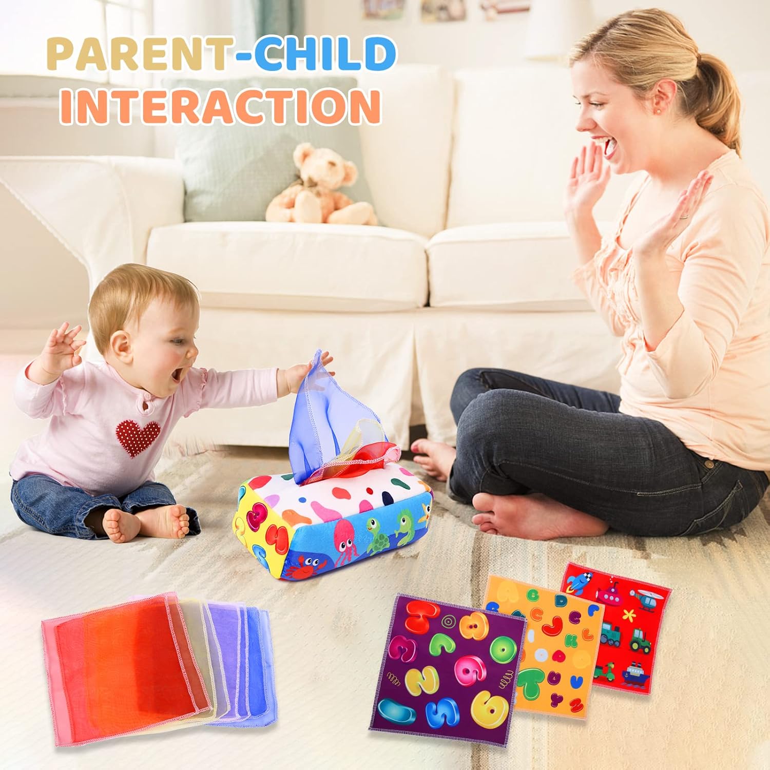 Baby Toys 6 to 12 Months - Tissue Box Toy Montessori for Babies 6-12 Months, Soft Stuffed High