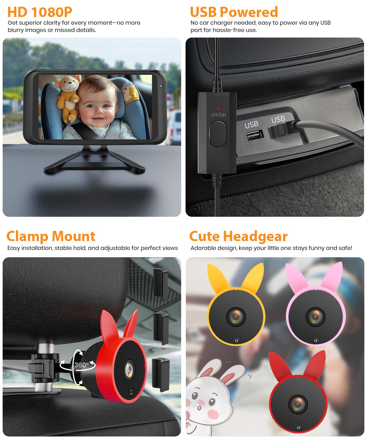 BV2 Baby Car Camera, 4.5'' HD 1080P USB Rear-Facing Mirror, IR Night Vision, 360° Adjustable, Plug