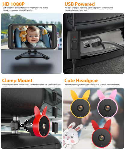 BV2 Baby Car Camera, 4.5'' HD 1080P USB Rear-Facing Mirror, IR Night Vision, 360° Adjustable, Plug