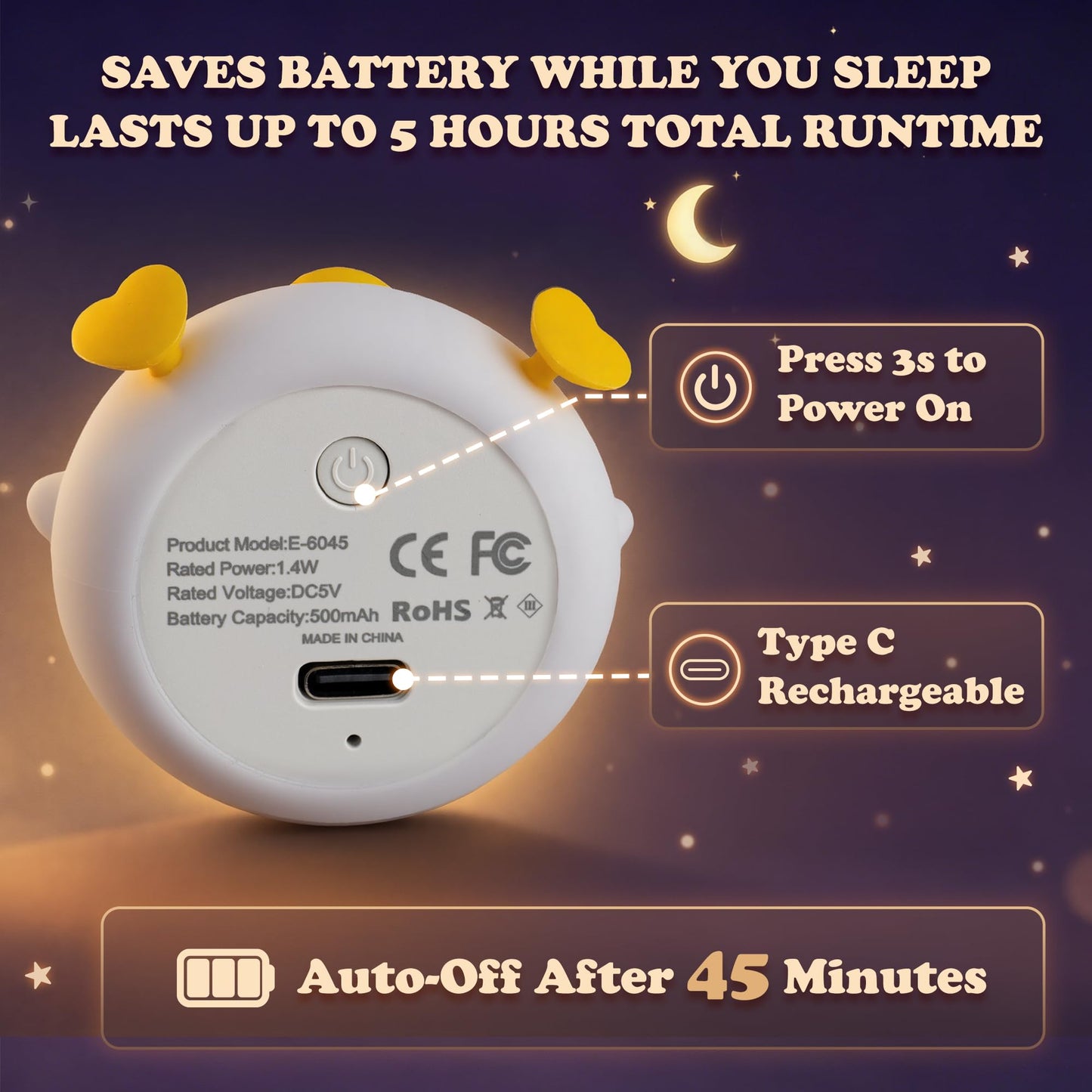 UNEEDE Mini Duck Night Light with Lanyard, 8 Color Changing Rechargeable