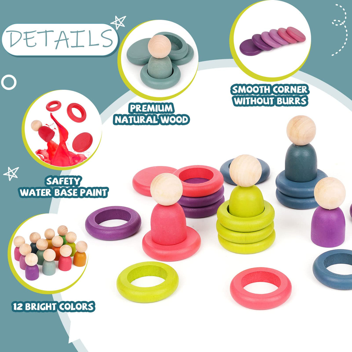Montessori Toys Wooden Color Sorting Stacking Rings Toy Rainbow Wooden Peg Dolls Counting Toys