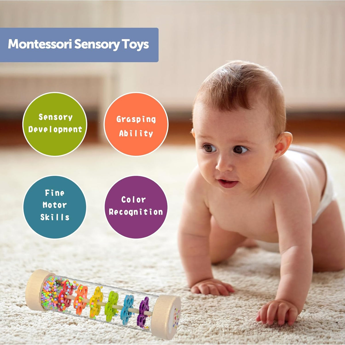 Rain Stick, Montessori Baby Toys for 6-12 Months 1 Year Old, Baby Rattle Wooden Sensory Toys, 7.7”