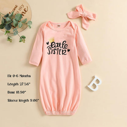 AMAWMW Newborn Baby Girl Little Sister Sleeper Gown Stripe Long Sleeve Nightgown Pajamas Gifts