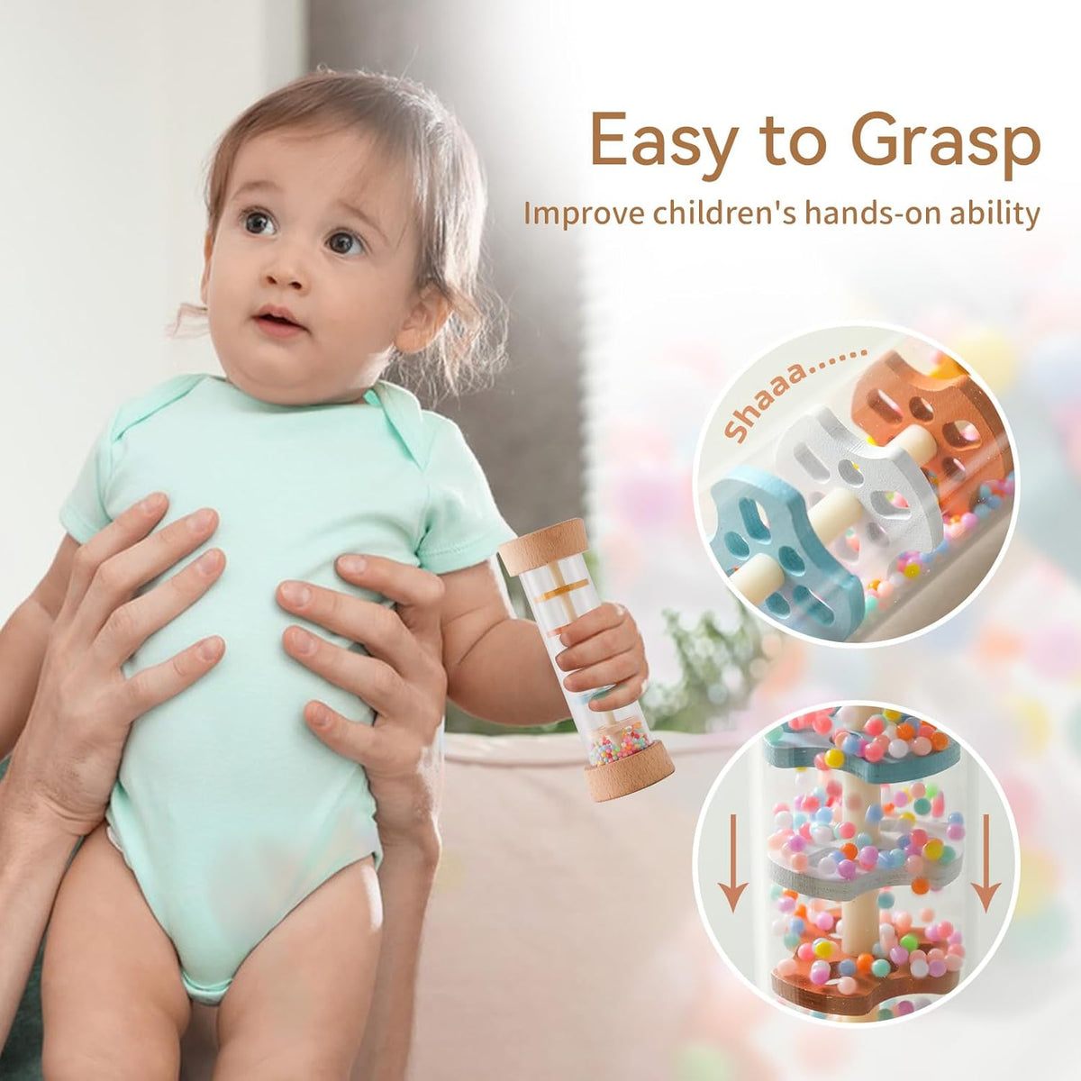 Youuys Wooden Baby Rattle Set (3pcs) - Crochet Rattle Rain Stick Teething Toys, Wooden Montessori