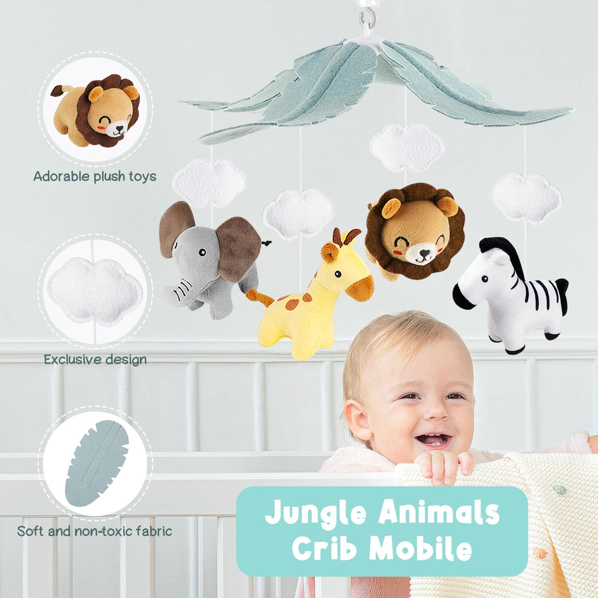 PIIKAGO Animals Crib Mobile for Boys & Girls - Safari Baby Mobile for Crib with Upgraded 3-Mode