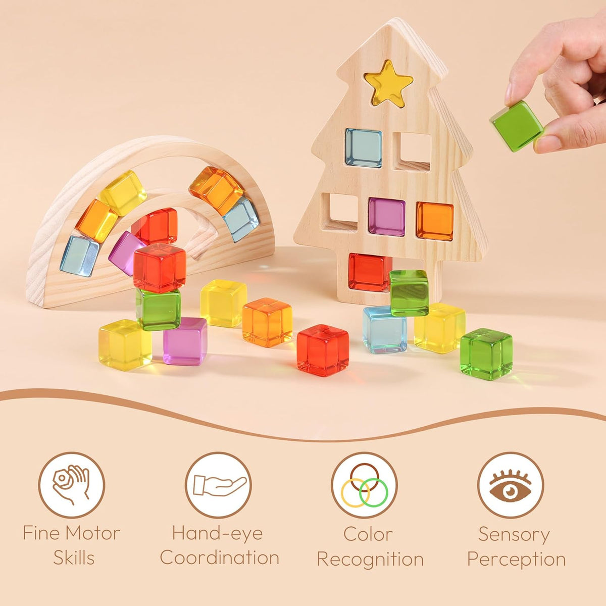 Wooden Building Blocks Set for Kids, Rainbow & Tree Shaped Wood Frame - 24 PCS Rainbow Gem Cubes