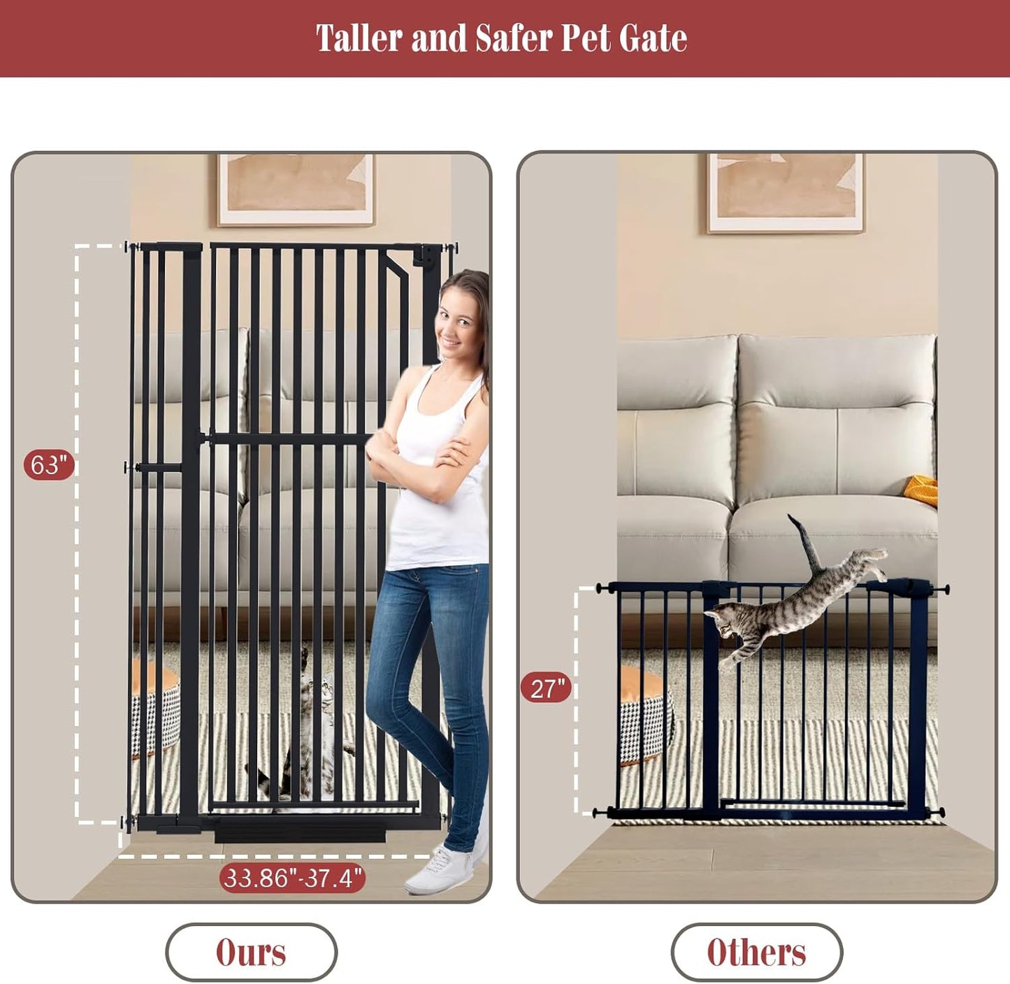 Glaf Extra Tall Pet Gate 63" Pressure Mounted Cat Door Safety Metal Cat Gate Adjustable Width Dog