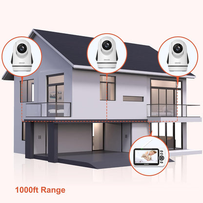 Video Baby Monitor with 3 Cameras, 5" Display Baby Monitor No WiFi, 30H Battery and 1000ft Range
