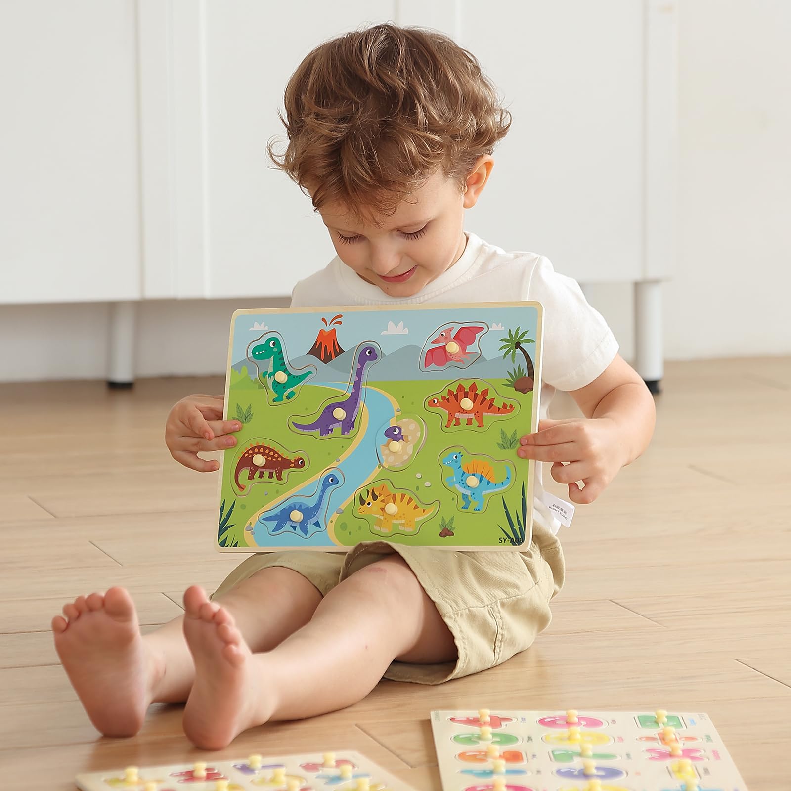 GRINNNIE Toddler Puzzle for 2 3 4 Years Old, 7PCS Montessori Kids Wooden Peg Puzzle Set (Dino