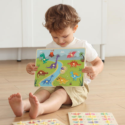GRINNNIE Toddler Puzzle for 2 3 4 Years Old, 7PCS Montessori Kids Wooden Peg Puzzle Set (Dino