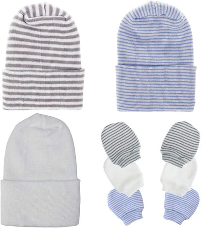 Baby Caps and Mittens Newborn Hospital Beanie Hats No Scratch Gloves Soft Babies Gift Set for Boys