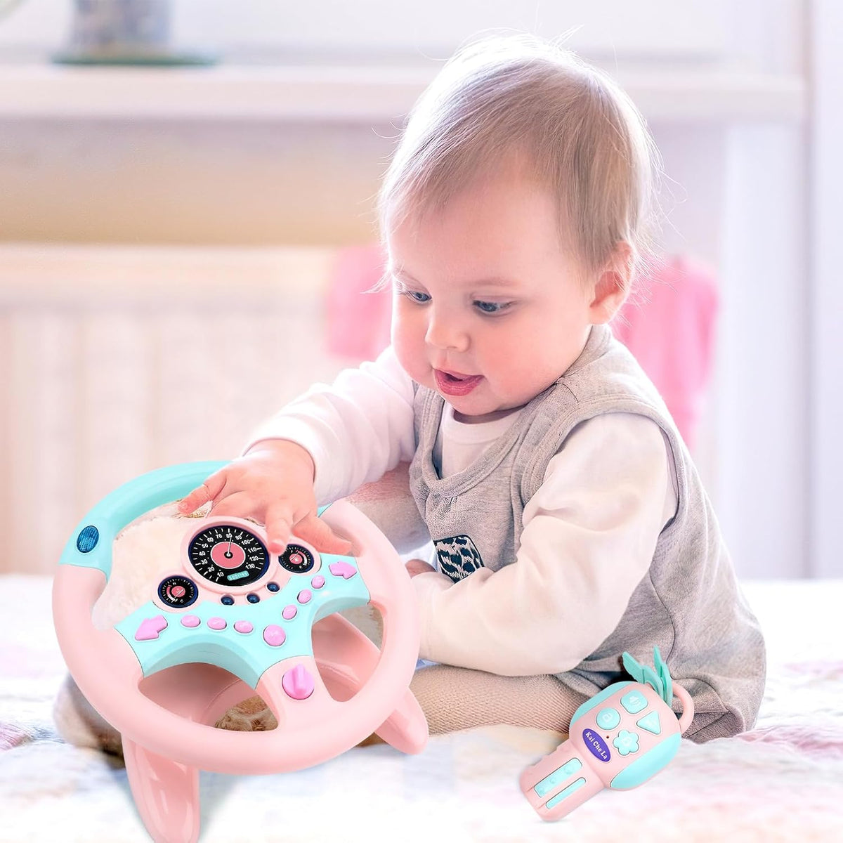 deAO Kids Steering Wheel for Backseat with Key Baby Toys Pretend Driving Simulated Steering Wheel