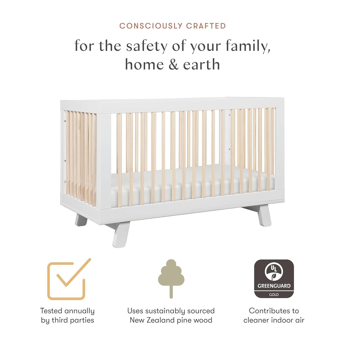 Babyletto Hudson 3-in-1 Convertible Baby Crib with Wooden Toddler Bed & Daybed Conversion - Easy to