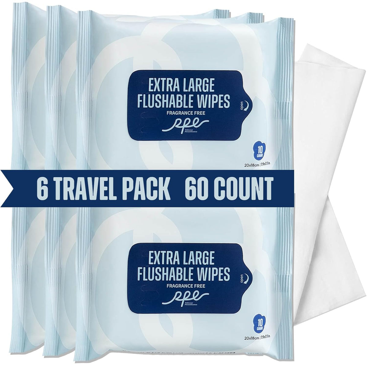 Flushable Wet Wipes - 6 Portable Travel Size Packs (60 Ct) - Unscented Extra-Large Body & Hand