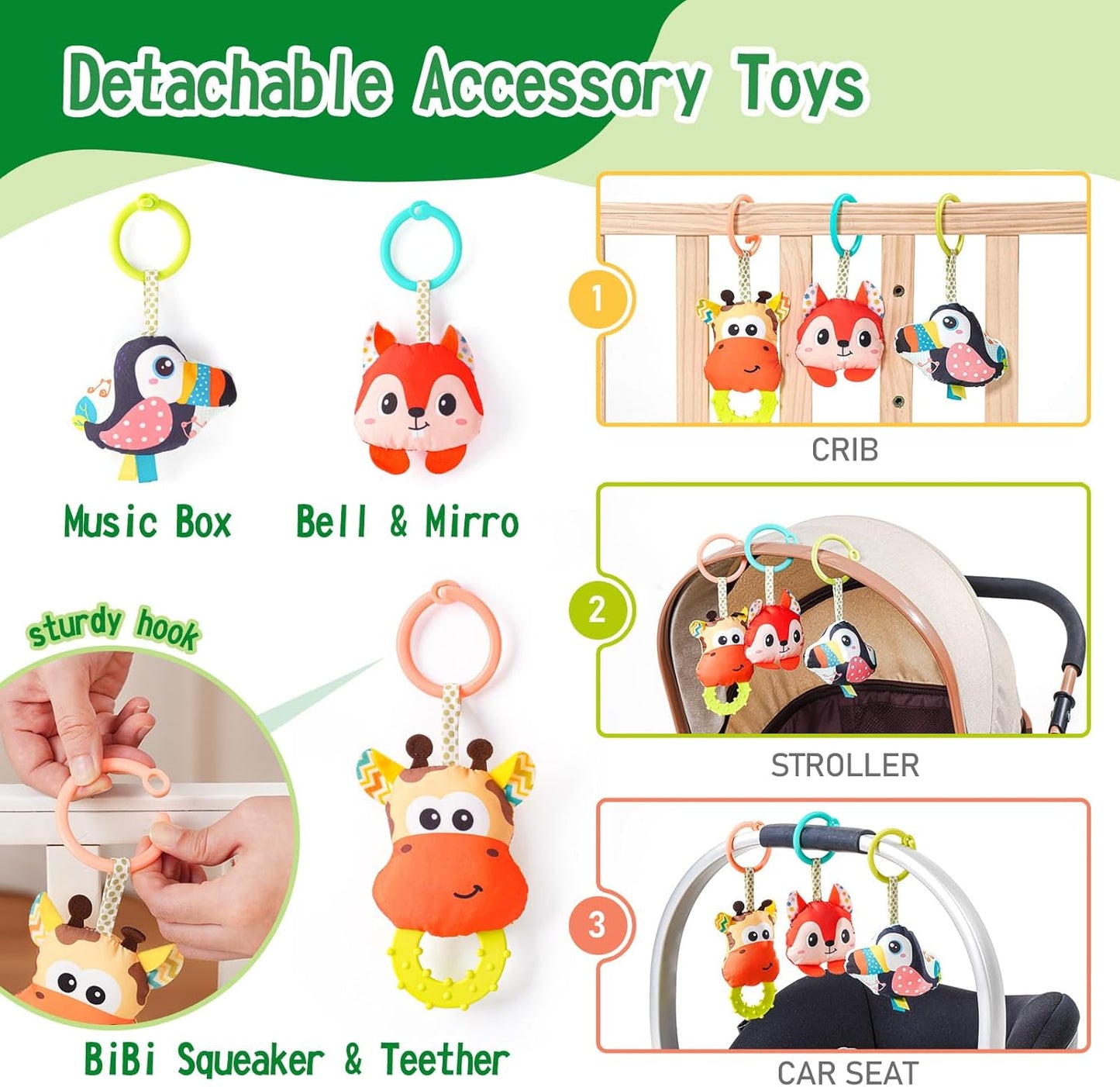 Jollybaby Crib Stroller Car Seat Toys for Baby 0-3-6-9-12 Months, Tummy Time Hanging Sensory Toys
