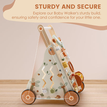 Pithfor Wooden Baby Walker, Baby Push Walker with Activity Center for Girls Boys, Montessori Push
