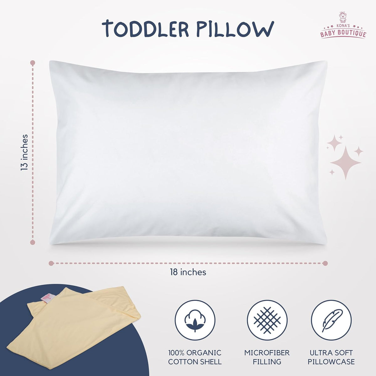 Creamy Yellow - Kona's Perfect Toddler Pillow with Softest Toddler Pillowcase - 13 x 18 inch