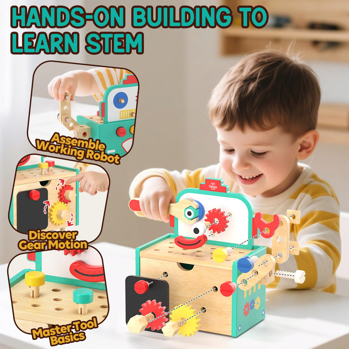 Lehoo Castle Kids Tool Set, Wooden Montessori Robot Tool Bench for Boys 3+