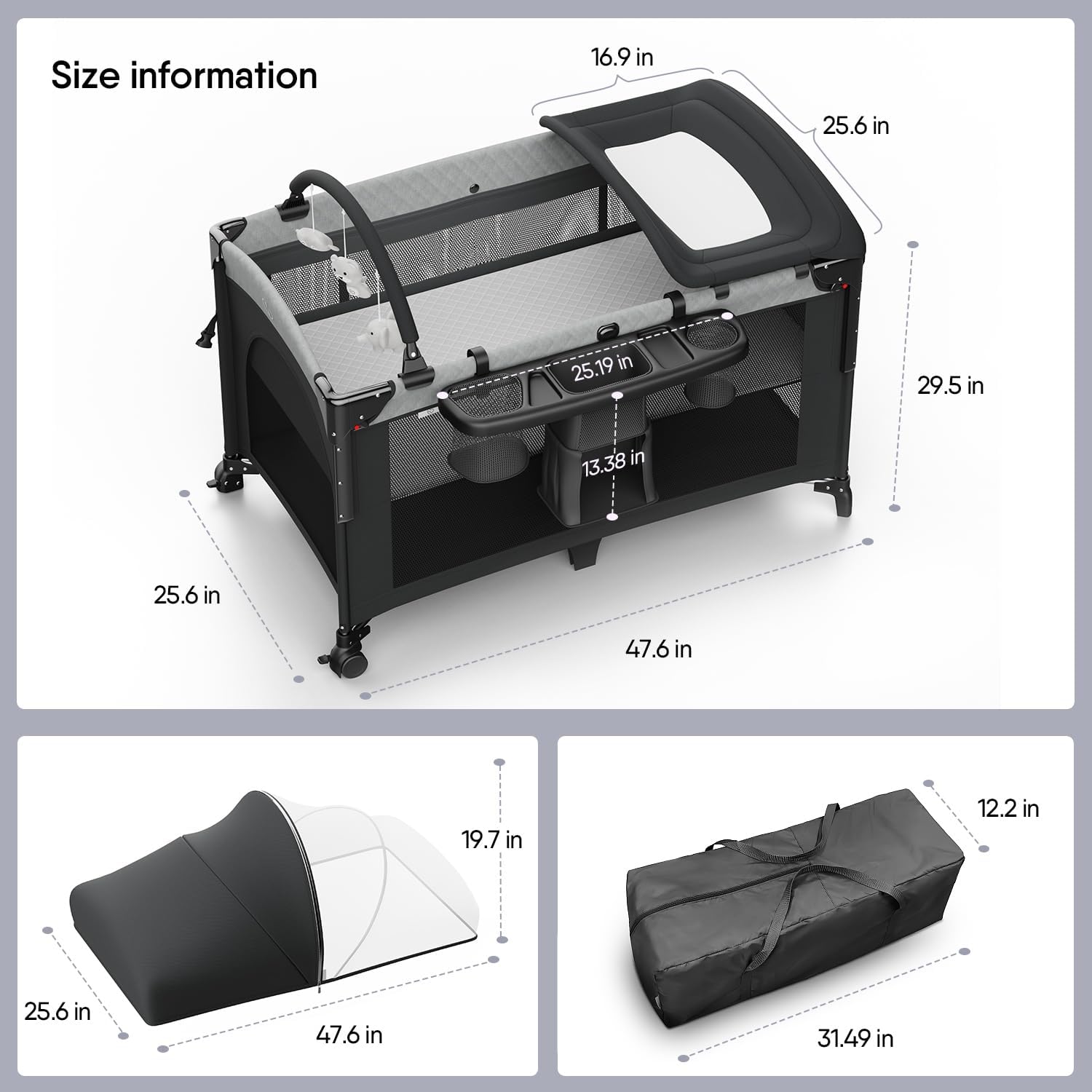 4 in 1 Baby Bassinet, Pack and Play, Bedside Crib Sleeper, Diaper Changer - Comes with Mattress