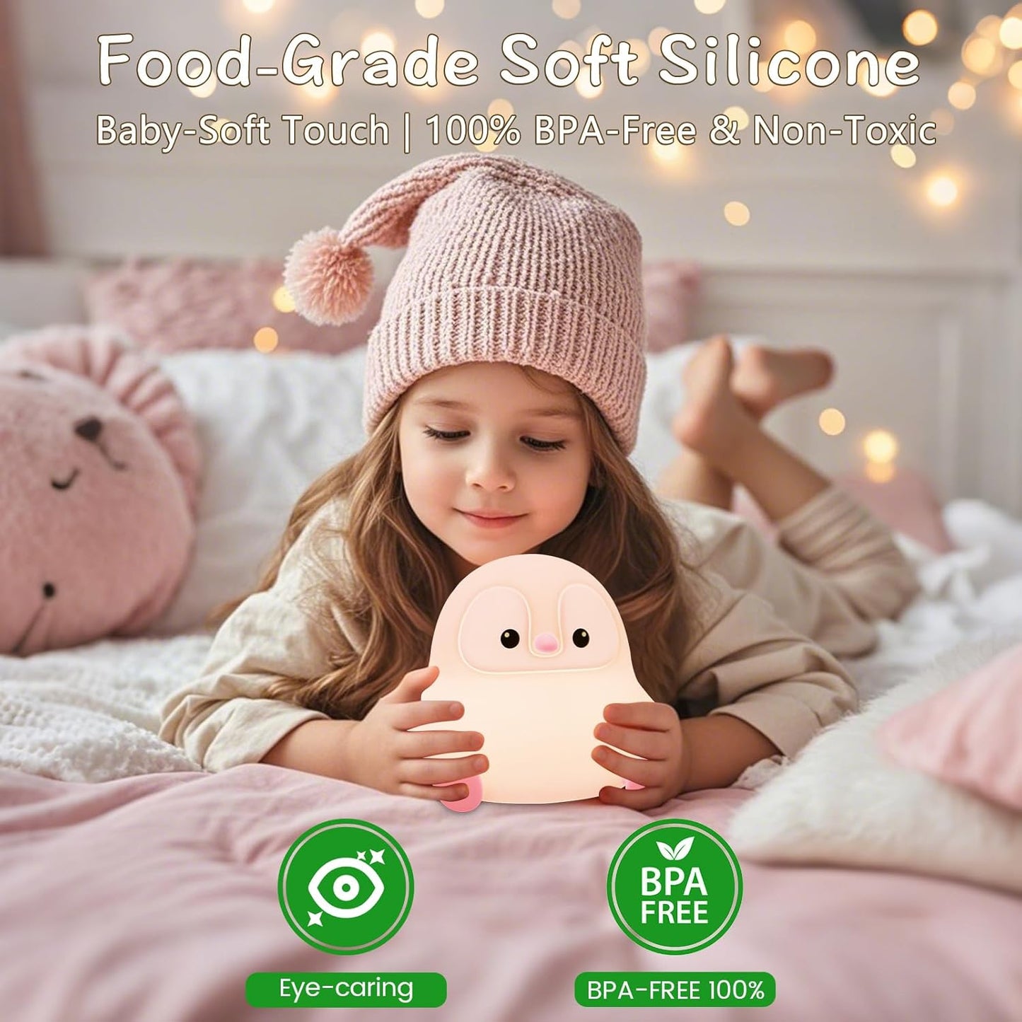 Penguin Night Light for Kids,Cute Pink Penguin Touch Lamp,Soft Silicone Nursery Nightlight,LED
