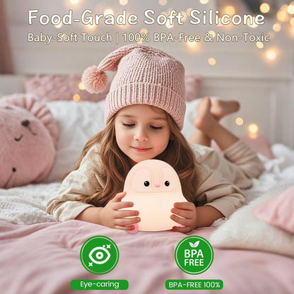 Penguin Night Light for Kids,Cute Pink Penguin Touch Lamp,Soft Silicone Nursery Nightlight,LED