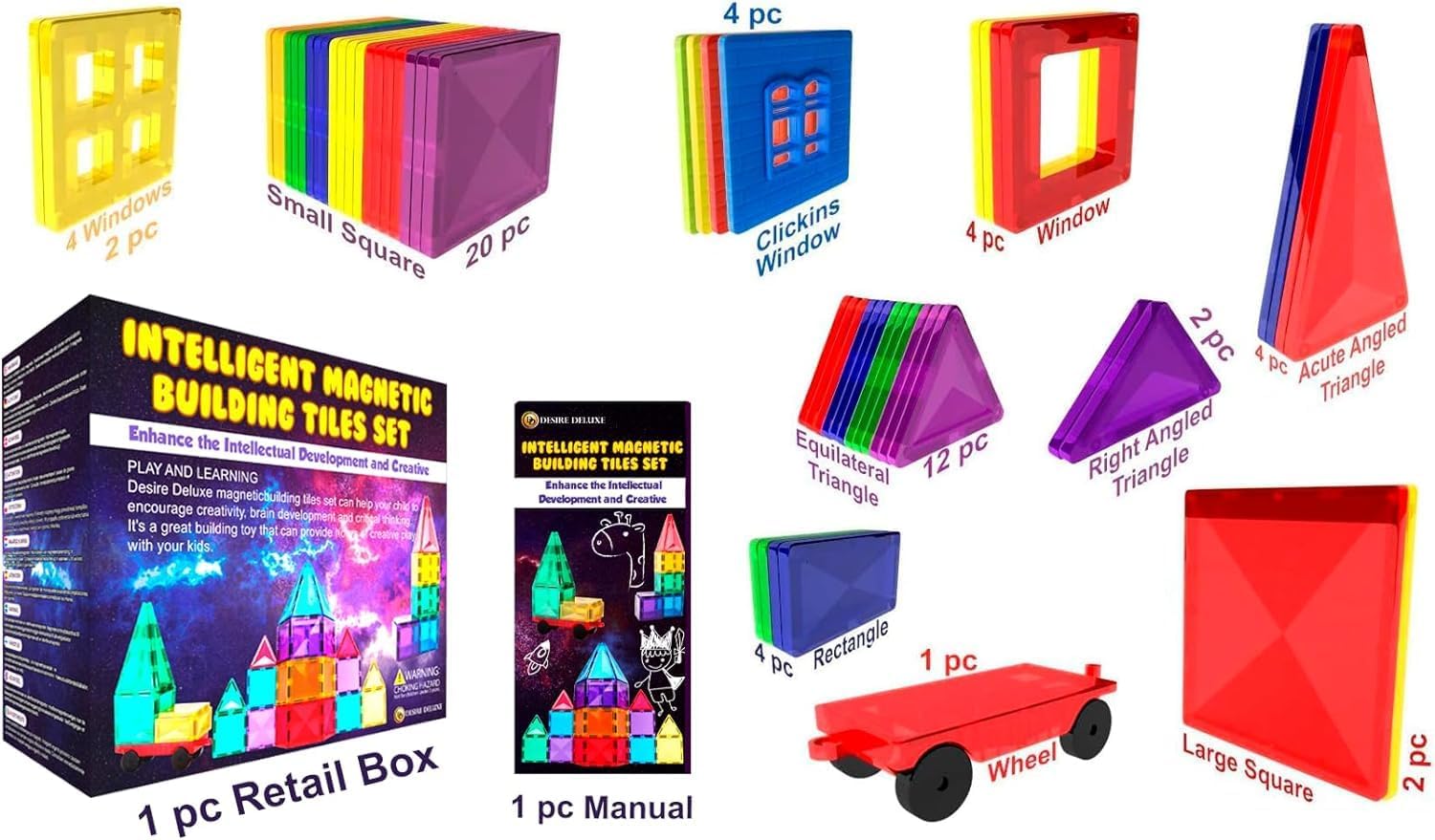 Desire Deluxe Magnetic Tiles Blocks Building Set for Kids – Learning Educational Toys for Boys