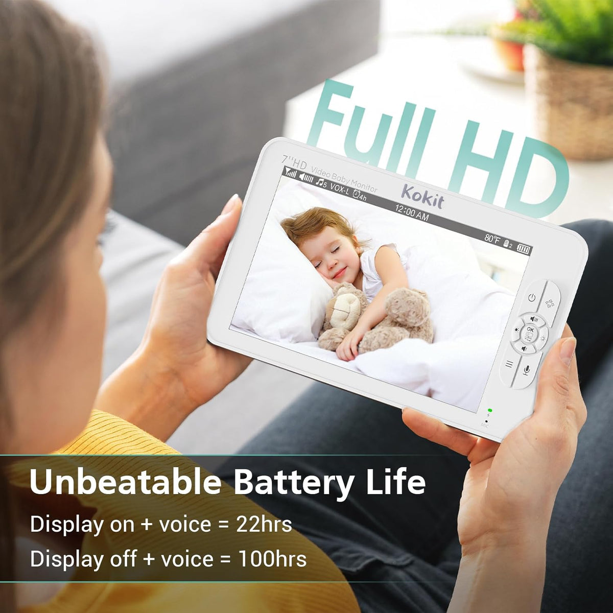 7" 1080P Full HD Video Baby Monitor No WiFi,100 Hrs 5000mAh Battery Runs 4 Days,4X Zoom,Remote 355°
