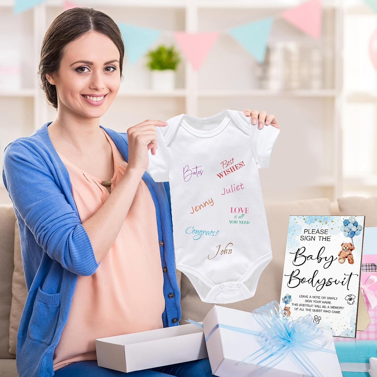 Qunclay 12 Pcs Baby Bodysuit Baby Shower Game Include 1 Game Wooden Sign Tabletop Decor 1 White