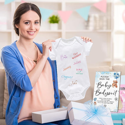 Qunclay 12 Pcs Baby Bodysuit Baby Shower Game Include 1 Game Wooden Sign Tabletop Decor 1 White