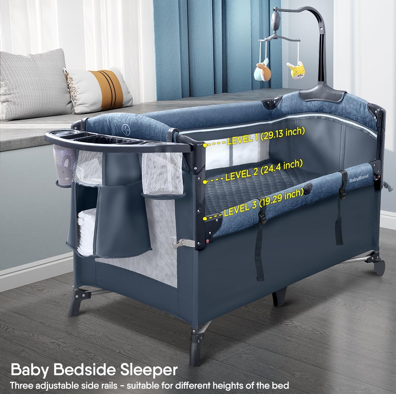 BabyBond Baby Bassinet Bedside Crib, Pack and Play with Sheet, Diaper Changing Table and Music