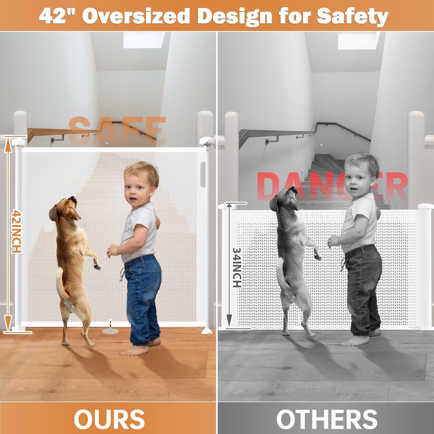 42" Extra Tall Retractable Baby Gates Dog Gate for Stairs, 55" Wide Mesh Baby Gate Pet Gate with