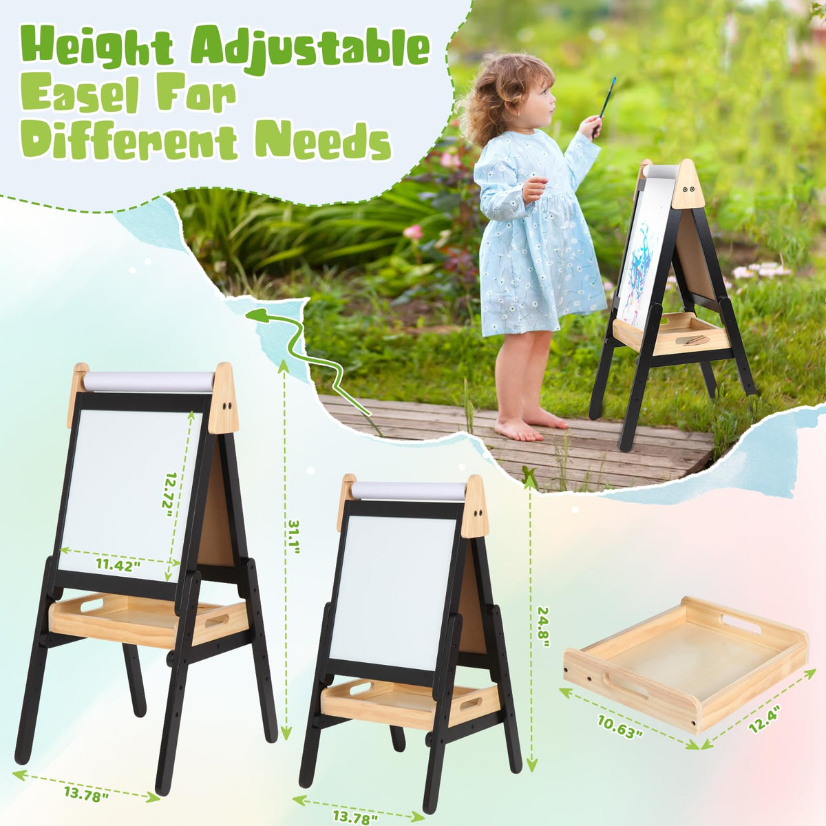 3 in 1 Easel for Little Kids with Wood Tray, Double Sided Wooden Easel with Paper Roll, Magnetic
