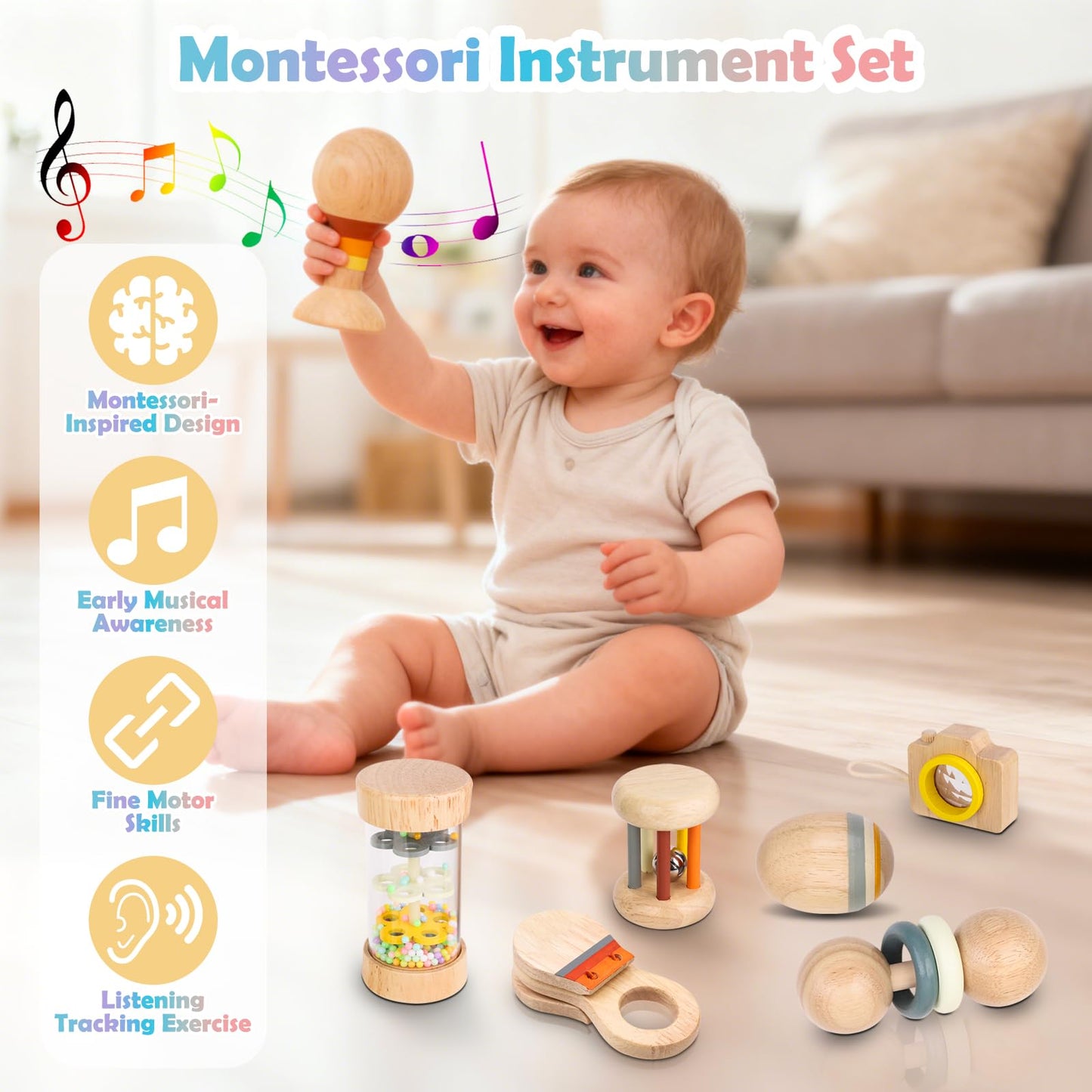 Montessori Wooden Baby Toys 0-12 Months, 7-Piece Sensory Rattle & Music Set