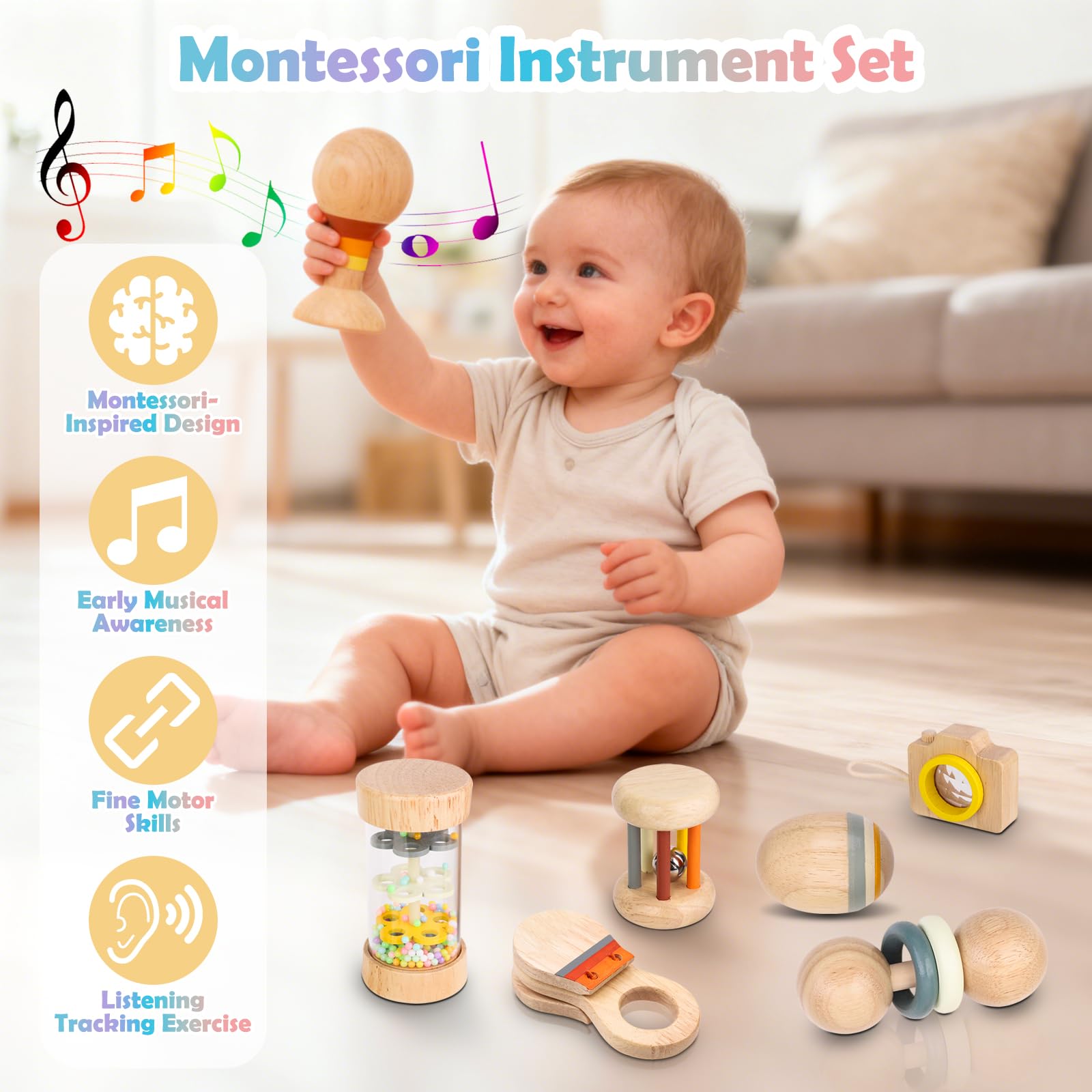 Montessori Wooden Baby Toys 0-12 Months, 7-Piece Sensory Rattle & Music Set