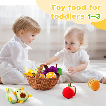 Play Food for Toddler 1-3, Plush Pretend Food Set with Sorting Fruit Basket, Baby Sensory Toys 6-12